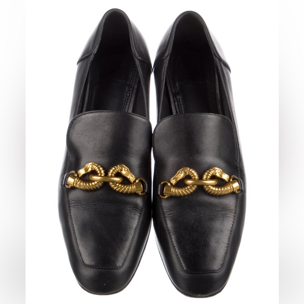 Tory Burch Jessa Black Leather Loafers with Gold Detailing